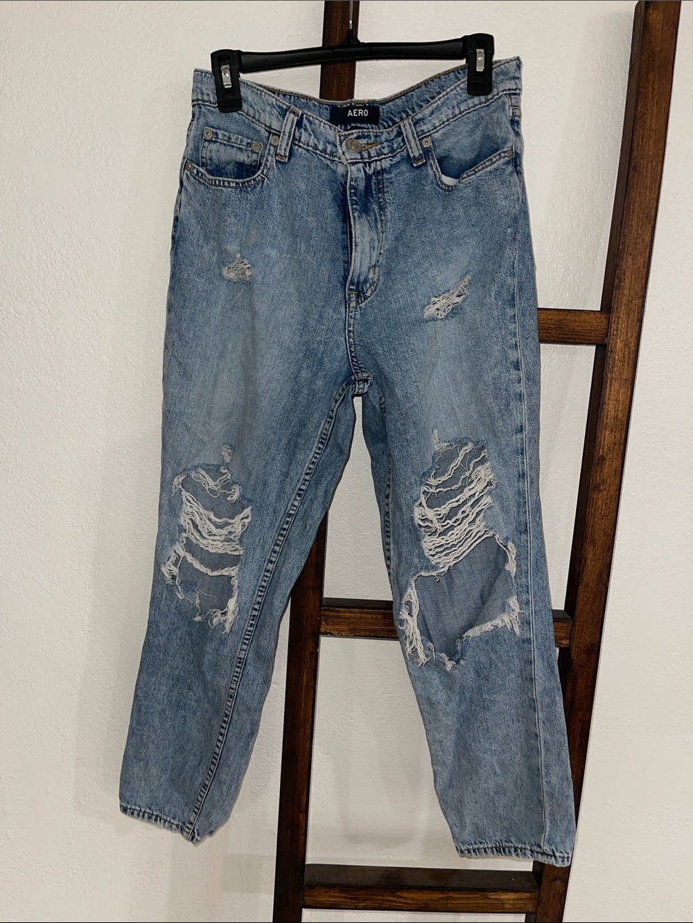 Aero Women's Straight-Leg Ripped Jeans in Light Blue Wash